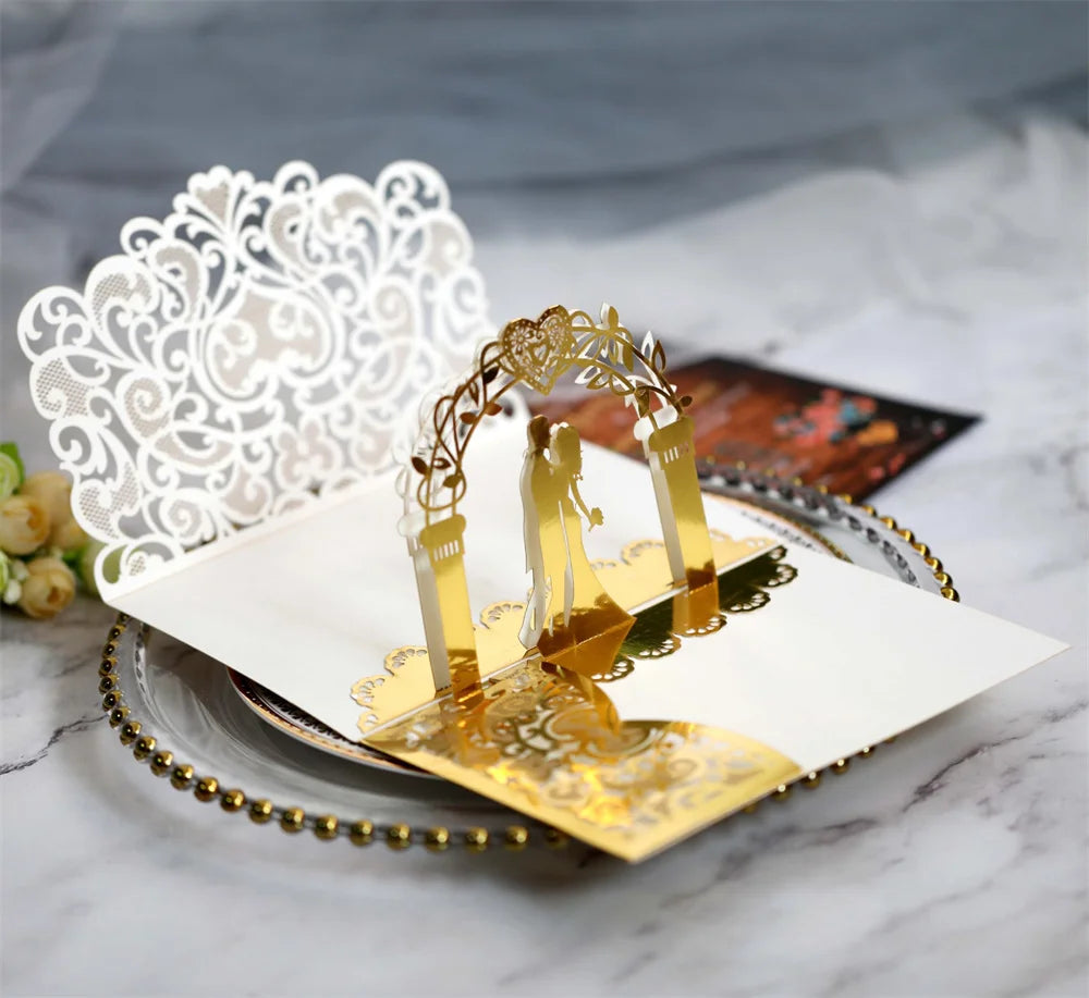 6 Pièces/Lot 3D Pop Up Mariés Ivoire Carte d'invitation de mariage Laser Poche Florale Douche nuptiale Invitations de fiançailles