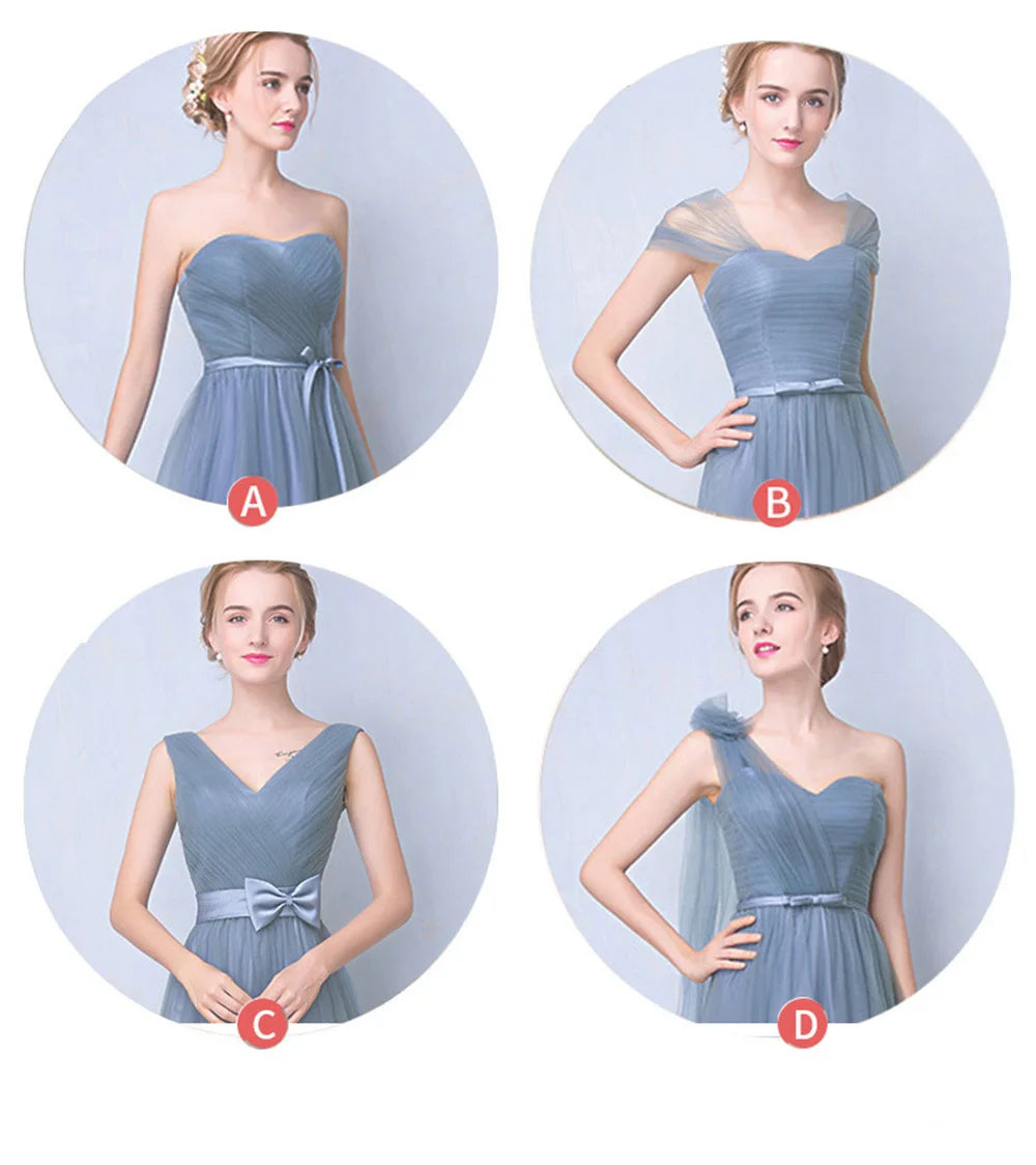 Élégante Robe de Demoiselle d'honneur Gris Bleu Simple 4 styles sans Manches Femme Classique Tulle Ceinture Satin Lacets Nœud Robe de Bal Ligne A