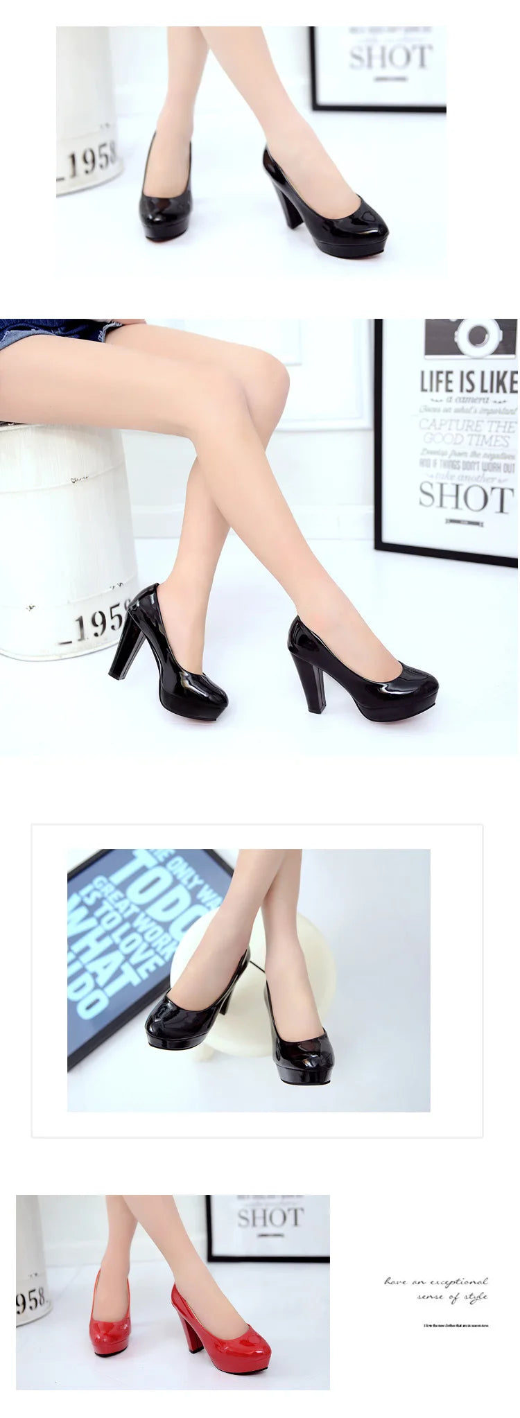 Chaussures à talons hauts pour femmes, chaussures de mariage blanches, talons épais de 10 cm, escarpins de soirée mode, chaussures noires rouges à bout rond Zapatos De Mujer