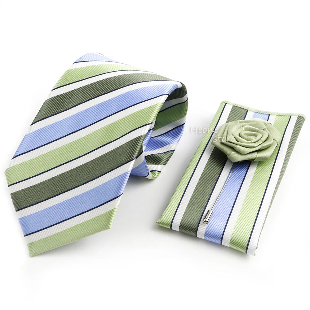 Men's Striped Necktie, Pocket Square & Brooch Set | Groom & Groomsmen Wedding Accessory