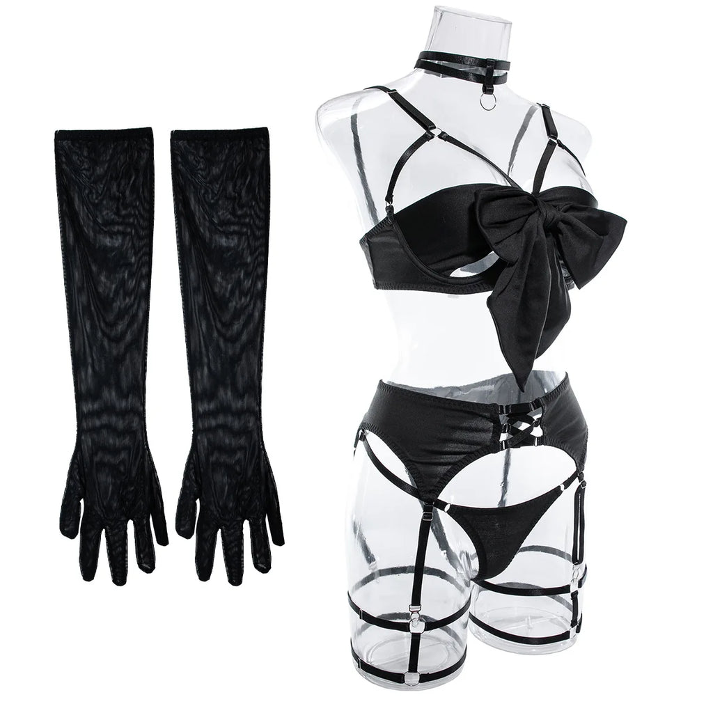 Ensemble de lingerie sexy - Soutien-gorge à nœud, Ensemble de soutien-gorge noir tentation, Ensemble quatre pièces sous-vêtements femme avec ceinture et découpes, Nuisette érotique