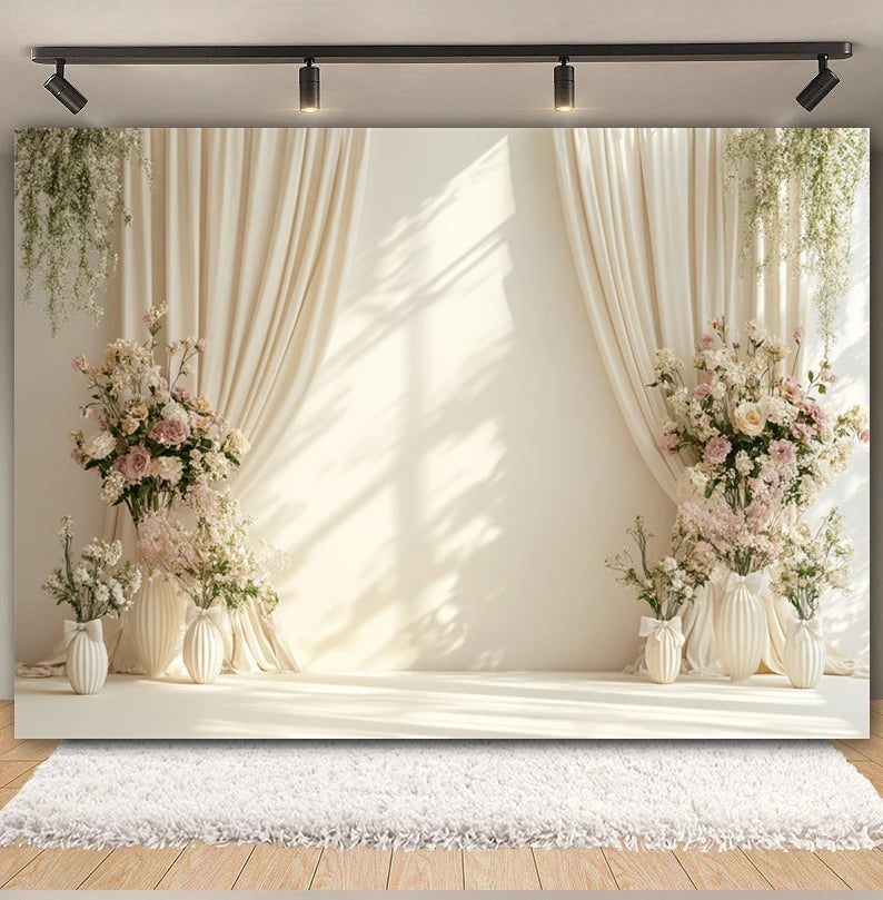 Toile de fond de fête pour photographie, motif mariage, fleur rose, palais, mur blanc, pour fête prénuptiale, décor de portrait de mariage, arrière-plan photo