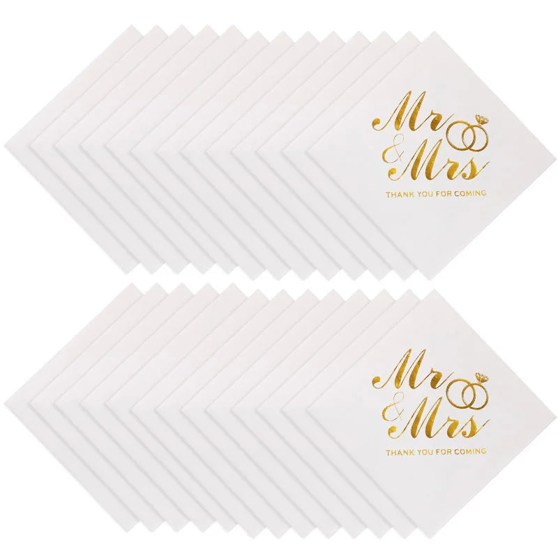 20/60/100 Pièces Serviettes de Mariage Dorées Mr Mrs Serviettes en Papier pour Décoration de Table de Dessert de Mariage Fournitures de Fête Prénuptiale