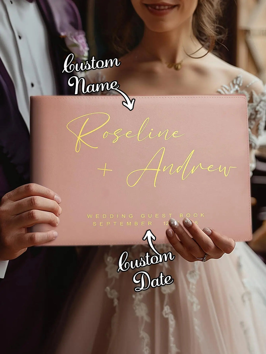 Custom Wedding Guest Book Personalized Name & Date 12.4x9.25 Inch Pink/Sky Blue/Green Unique Gift for Couples