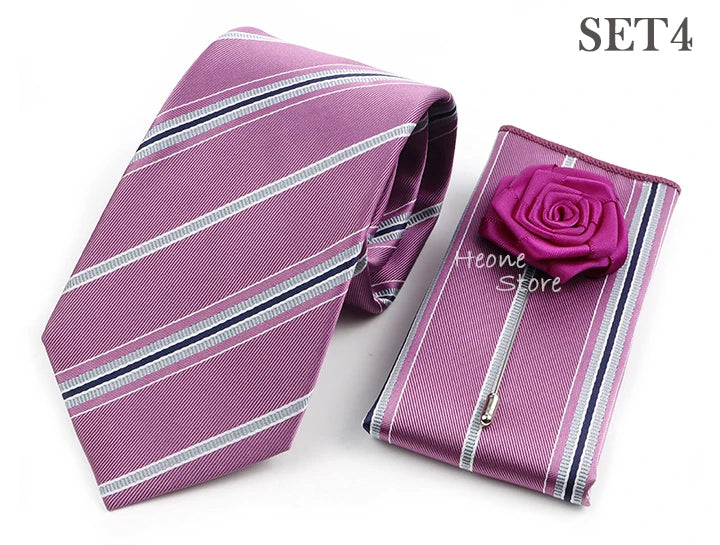 Men's Striped Necktie, Pocket Square & Brooch Set | Groom & Groomsmen Wedding Accessory