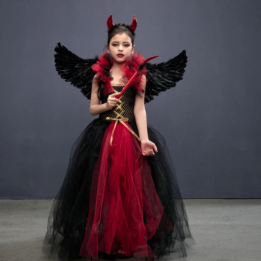 Costume de petite fille vampire gothique Robe de reine maléfique Tutu pour Halloween Fête cosplay Vêtements pour enfants Déguisement