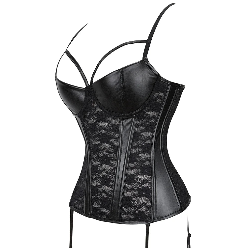 Black Faux Leather Gothic Corset Women Overbust Lace Trimmer Korset Sexy Burlesque Lingerie Bustiers