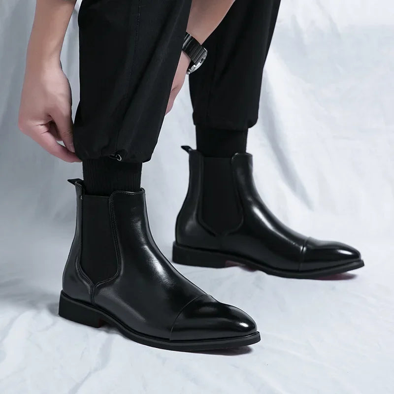Bottes pour hommes Bottines d'affaires Semelle rouge Bout pointu Bottes habillées Chaussures montantes en cuir de style britannique Chelsea pour hommes décontractées à enfiler