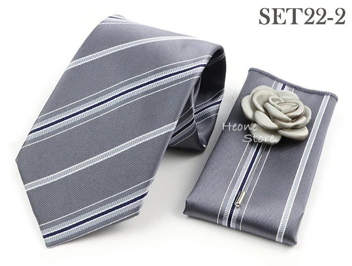 Men's Striped Necktie, Pocket Square & Brooch Set | Groom & Groomsmen Wedding Accessory