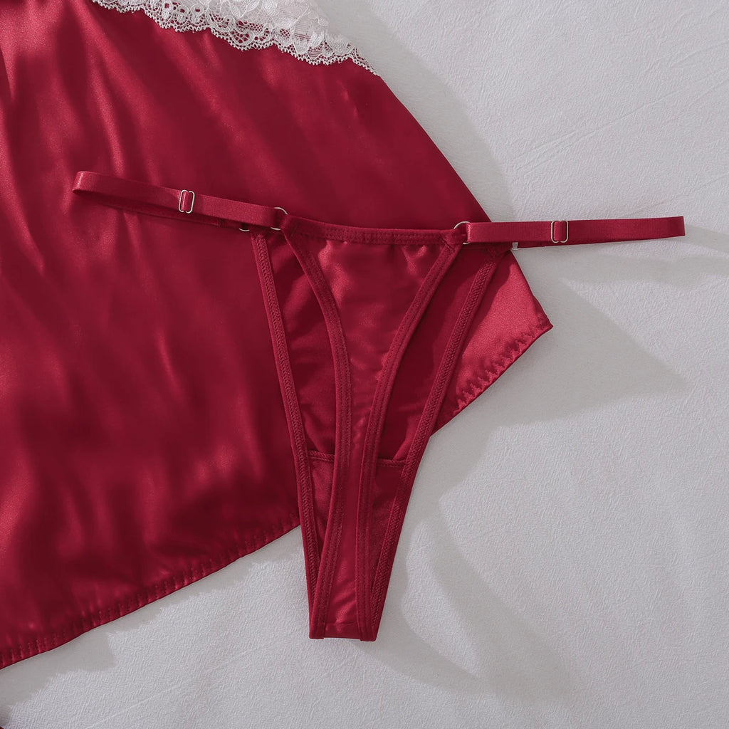Ellolace Robe en satin sexy à col en V profond Lingerie sexy en dentelle patchwork fendue Robe de nuit sissy Robe nuisette en soie pour femmes