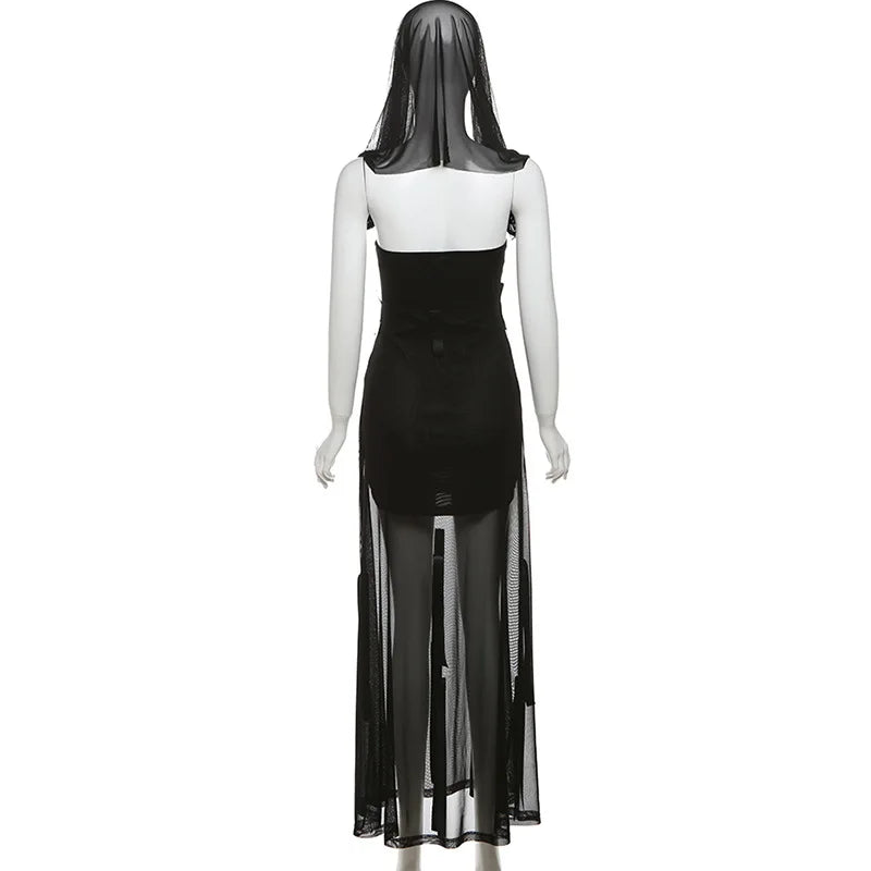 Goth Dark Fairycore Diverse Dressing Styles Partywear Sexy Strapless Hooded Long Dress Gothic Cute Bow Mesh Slim Bodycon Dresses