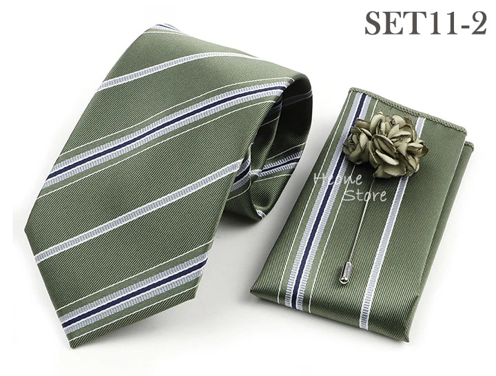 Men's Striped Necktie, Pocket Square & Brooch Set | Groom & Groomsmen Wedding Accessory