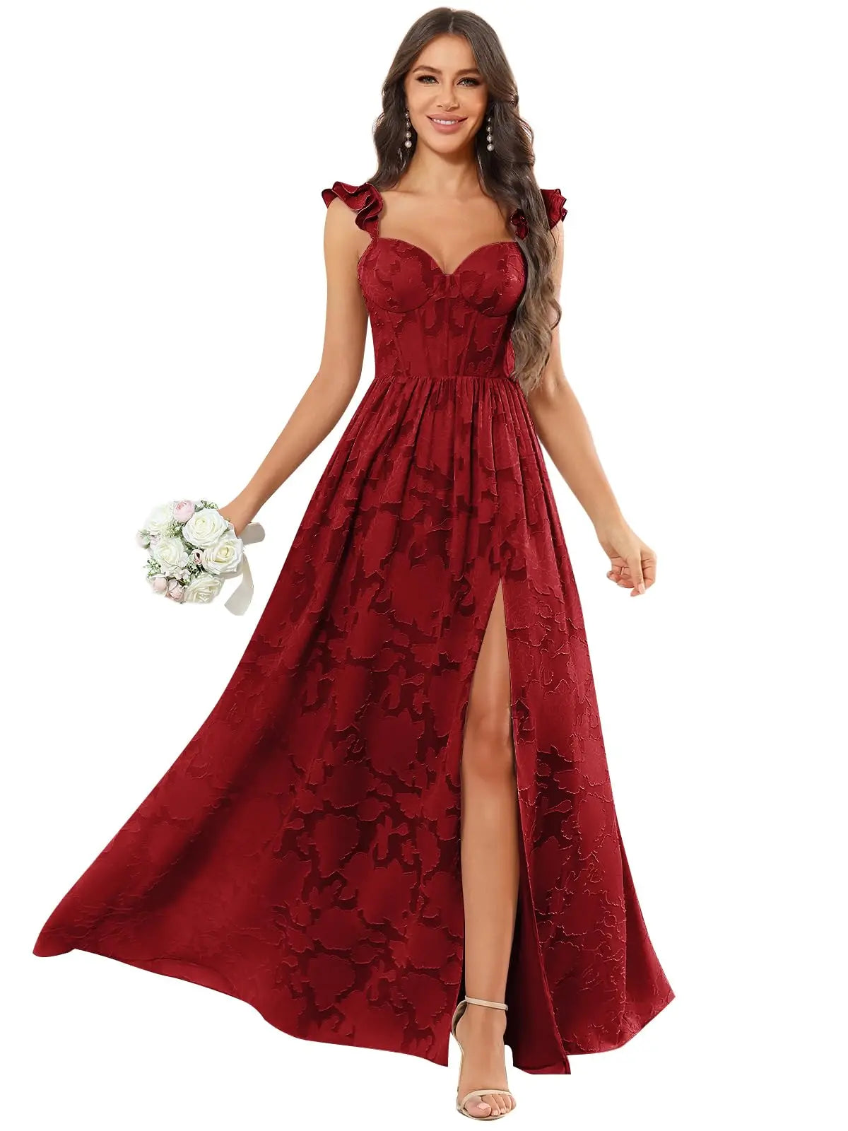 Floral Ruffle Bridesmaid Dress | Sweetheart A-Line Gown with Slit | Wedding Party