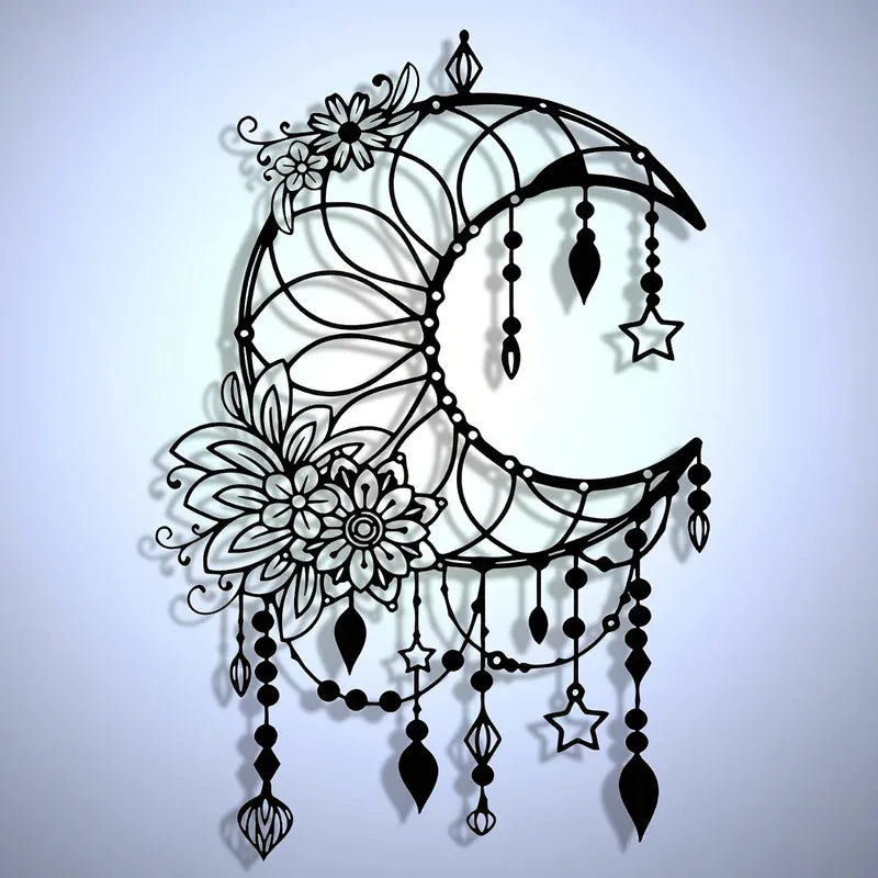Elegant Gothic Moon & Flower Metal Wall Art Modern Craft Hanging Ornament for Living Room Decor