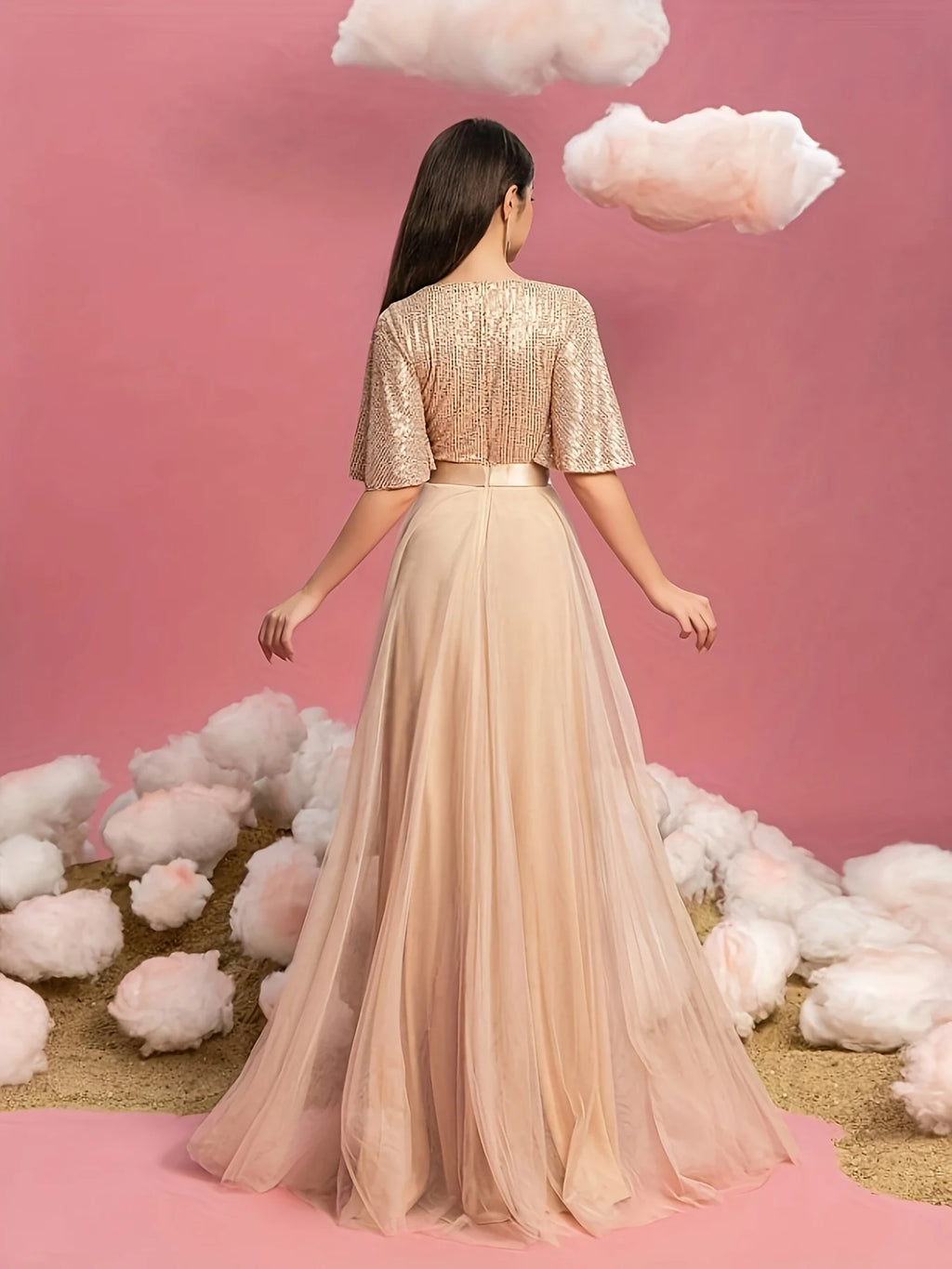 Elegant Women's Evening Gown with Flared Short Sleeves - Ideal for Parties & Wedding Events