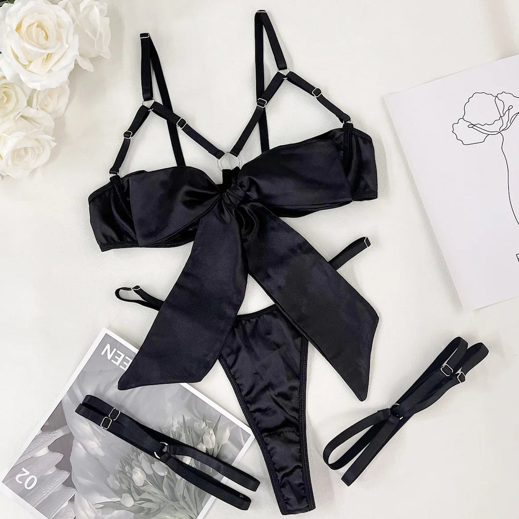 Ensemble de Lingerie 3 Pièces pour Femmes Soutien-Gorge et Culotte Sexy en Satin Évidé avec Nœud Papillon et Jarretelles