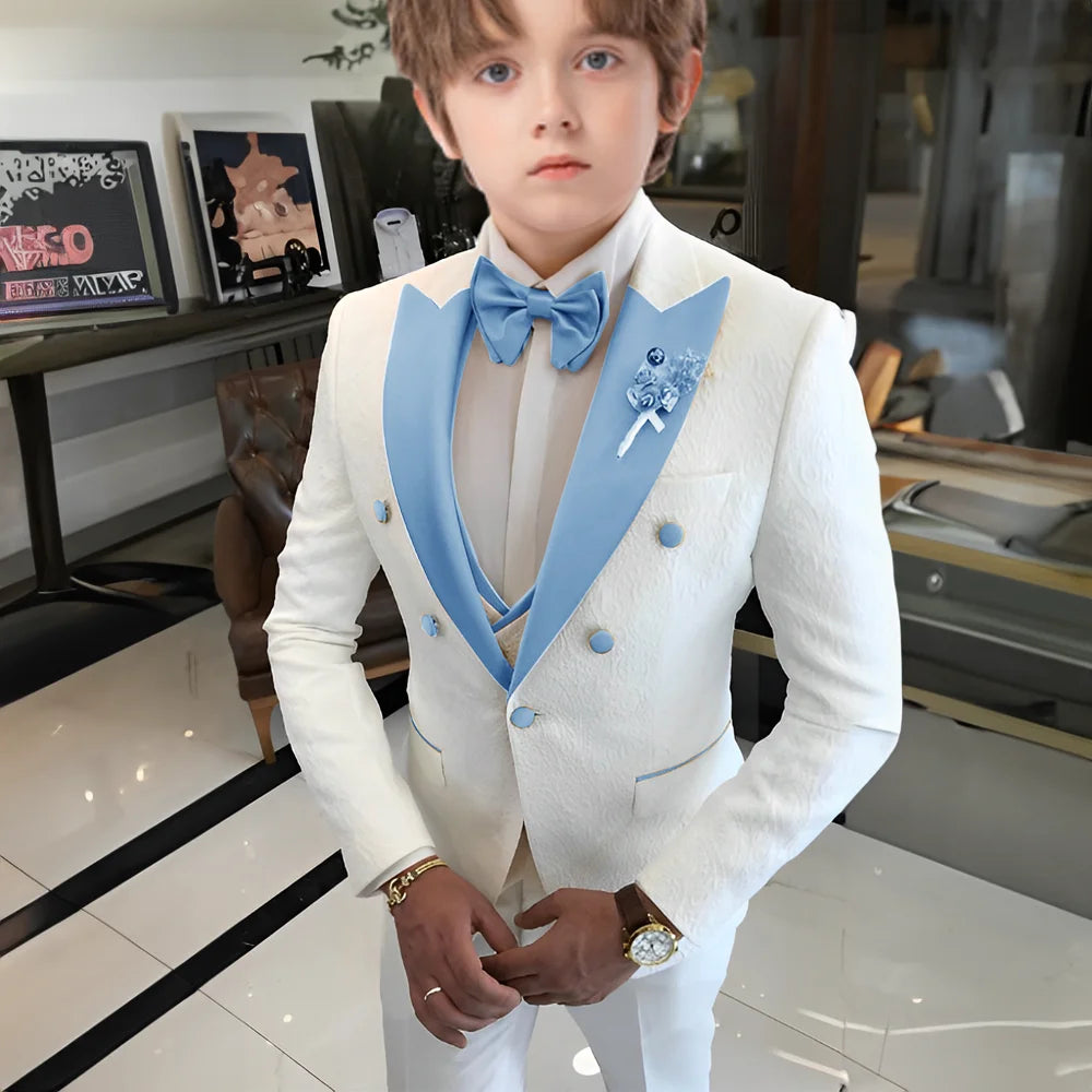 Costume jacquard blanc pour garçons, costume trois pièces pour mariage, smoking enfant 2025, nouveau design, veste, pantalon, gilet, robe sur mesure