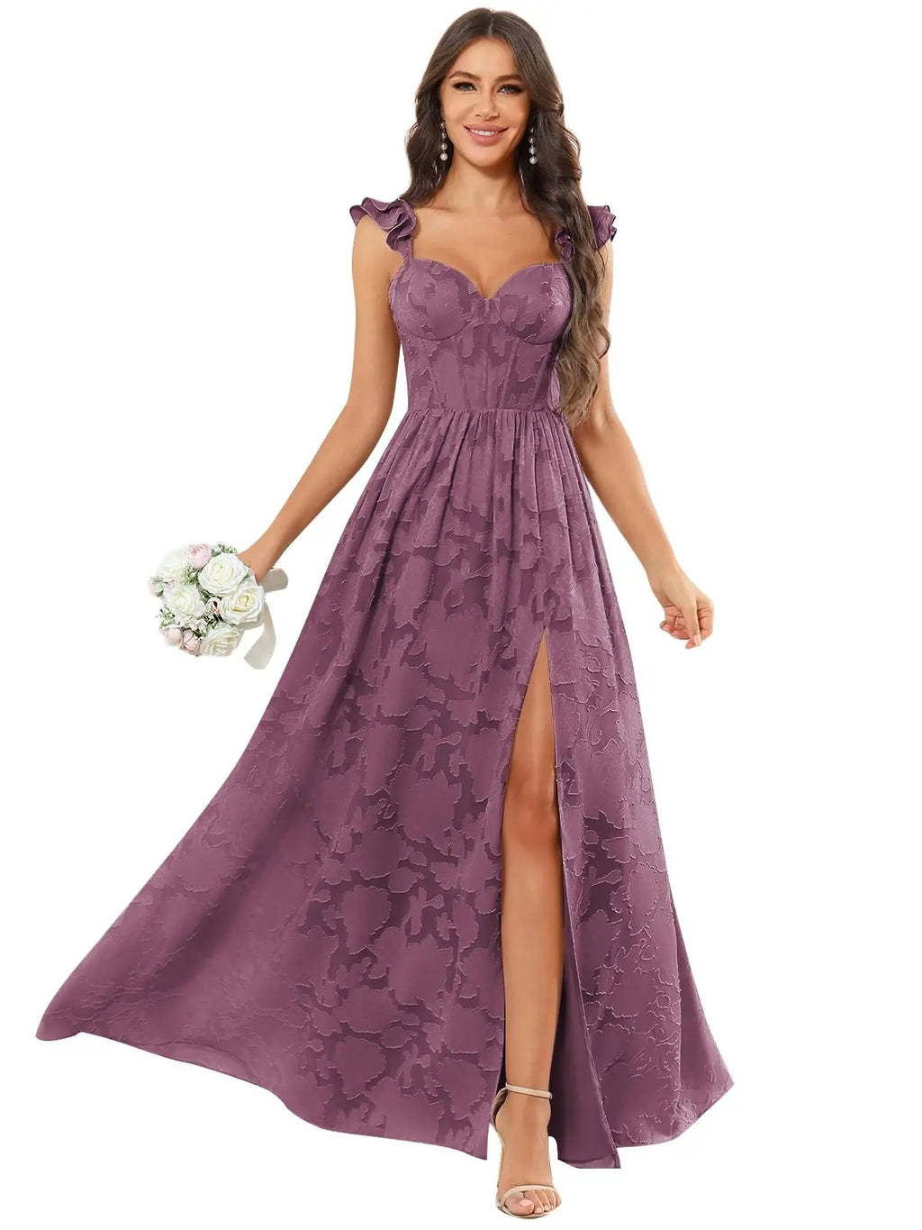 Floral Ruffle Bridesmaid Dress | Sweetheart A-Line Gown with Slit | Wedding Party