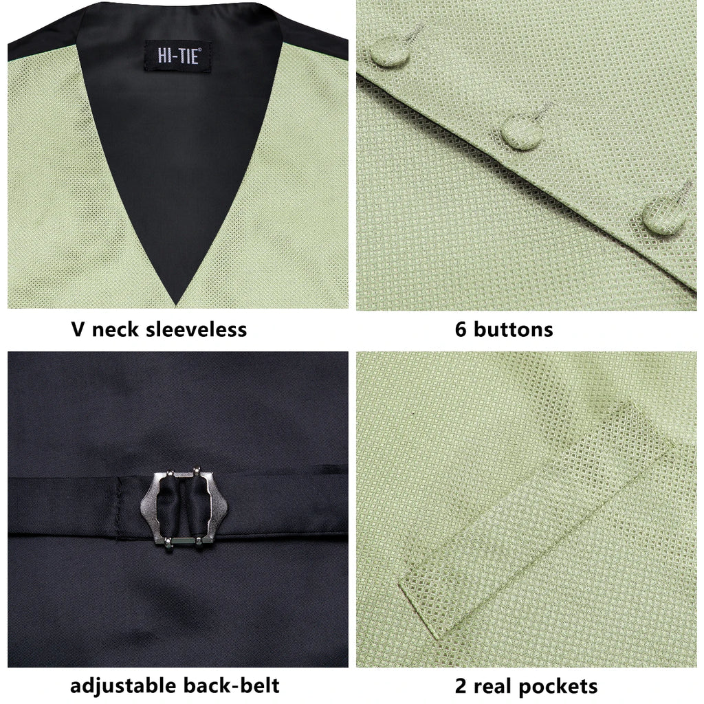 Gilets de costume en soie Hi-Tie pour homme, 4 pièces, tissés, vert sauge uni, gilet, cravate, pochette, boutons de manchette, pour affaires, mariage, robe, veste de taille