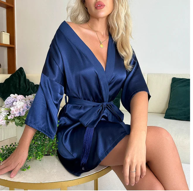 Peignoir de mariée blanc pour femme, robe de chambre matinale, manches 3/4, chemise de nuit ample, peignoir kimono en satin de soie, lingerie