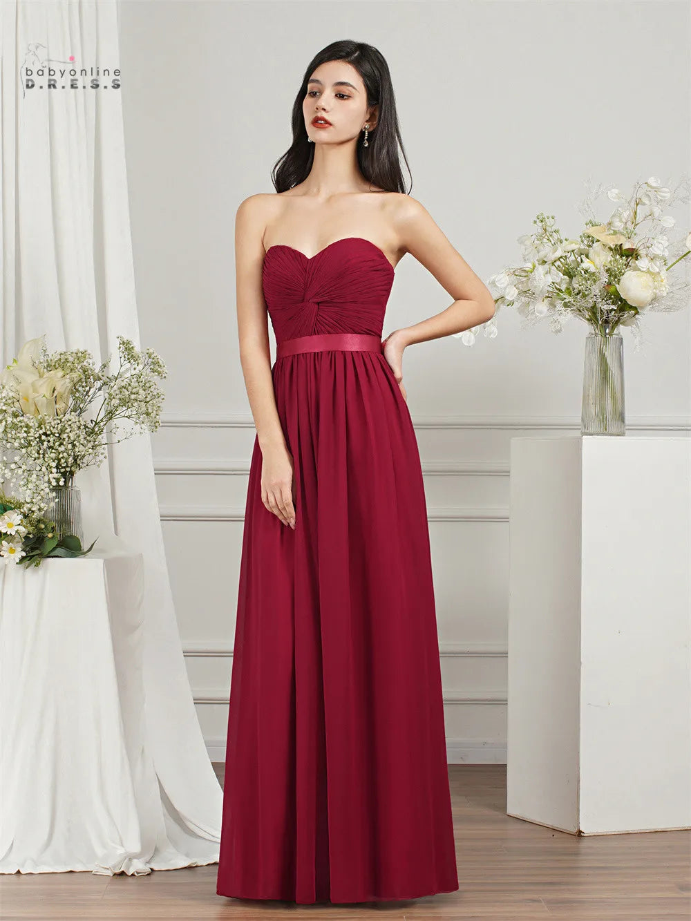 BABYONLINE Robes de demoiselle d'honneur pour fête de mariage élégantes bordeaux plissées en mousseline de soie coupe trapèze longues robes de soirée formelles de bal