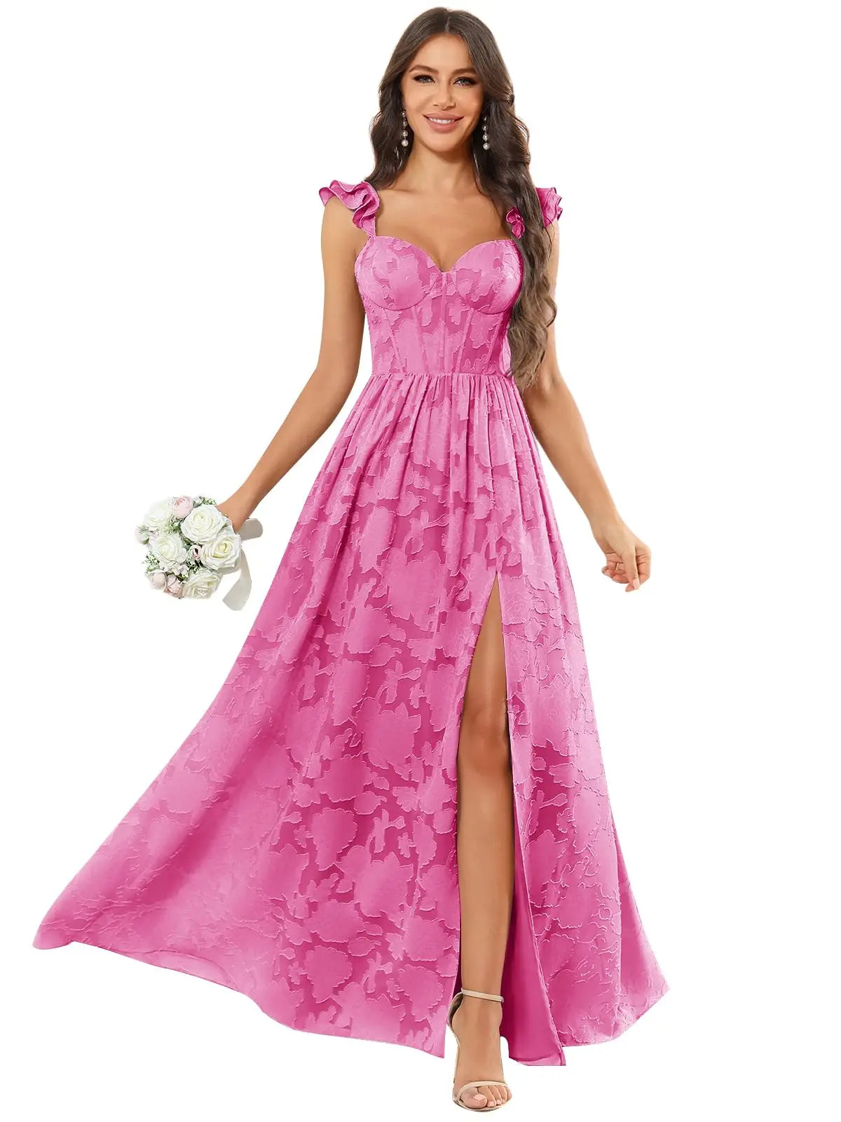Floral Ruffle Bridesmaid Dress | Sweetheart A-Line Gown with Slit | Wedding Party