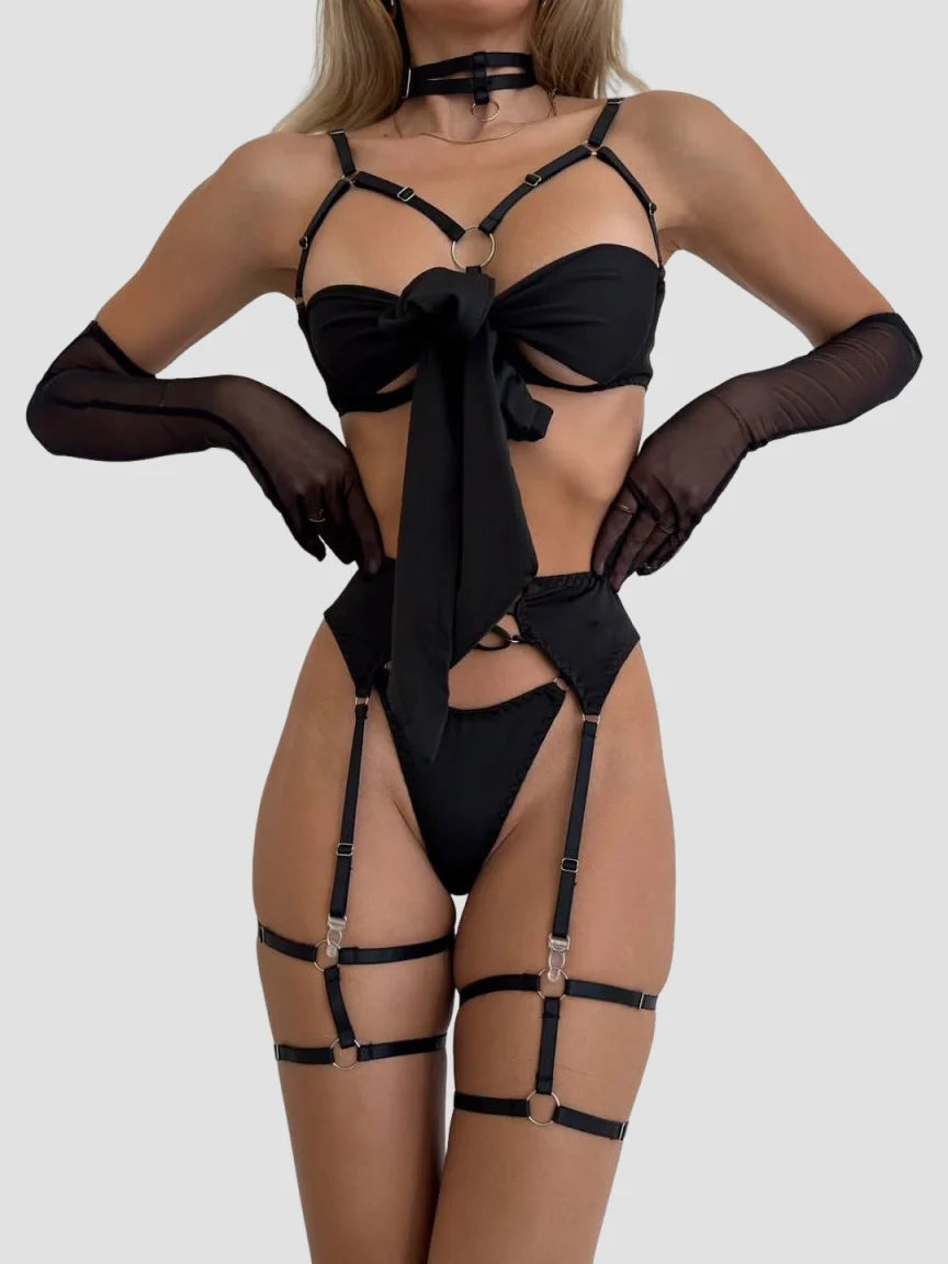 Ensemble de lingerie Ellolace Nœud Papillon Soutien-gorge Ouvert en Soie Sous-vêtements Sissy Bilizna Non Censurée Pornographie Sensuelle Intime Jarretière Strings Tenues Sexy