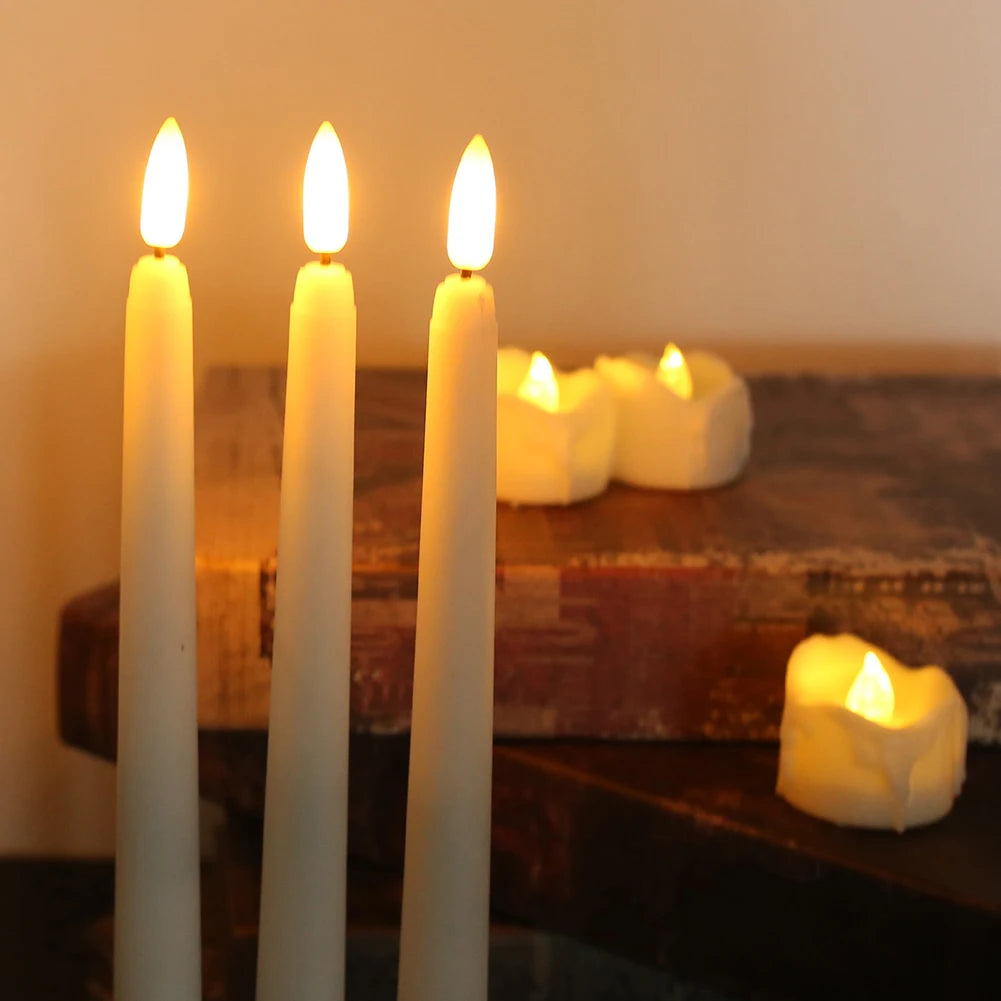 6/12 Bougies Coniques LED Sans Flamme Ivoire Vacillantes avec Télécommande Mèche 3D à Piles Bougie de Fenêtre de Noël Décor de Mariage
