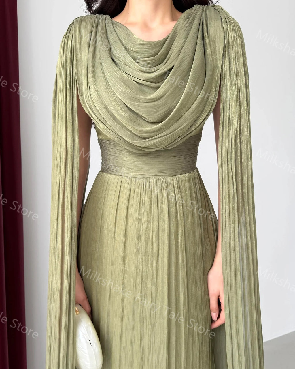 Robes de soirée vert olive élégantes Manches longues cape Robes de bal pour femmes Longueur au sol Robes d'invitées de mariage personnalisées