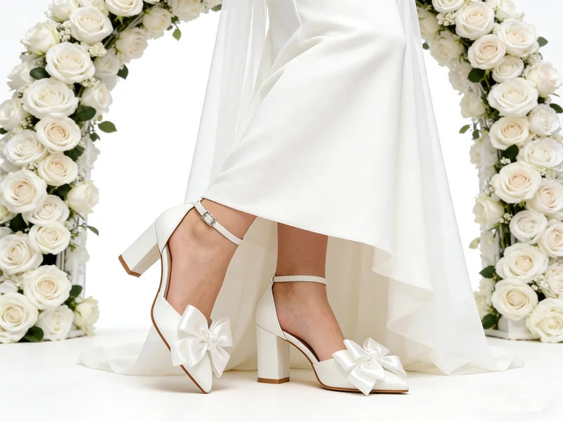 New Leather Solid Snow White Wedding Banquet Ball Thick Heel Pointed Hollow High Quality BowKnot High Heel Sexy Women's Shoes
