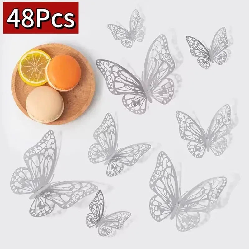 48 autocollants muraux papillons creux dorés et argentés, papillons 3D, pour chambre à coucher, salon, décoration de maison, applique, décoration de mariage