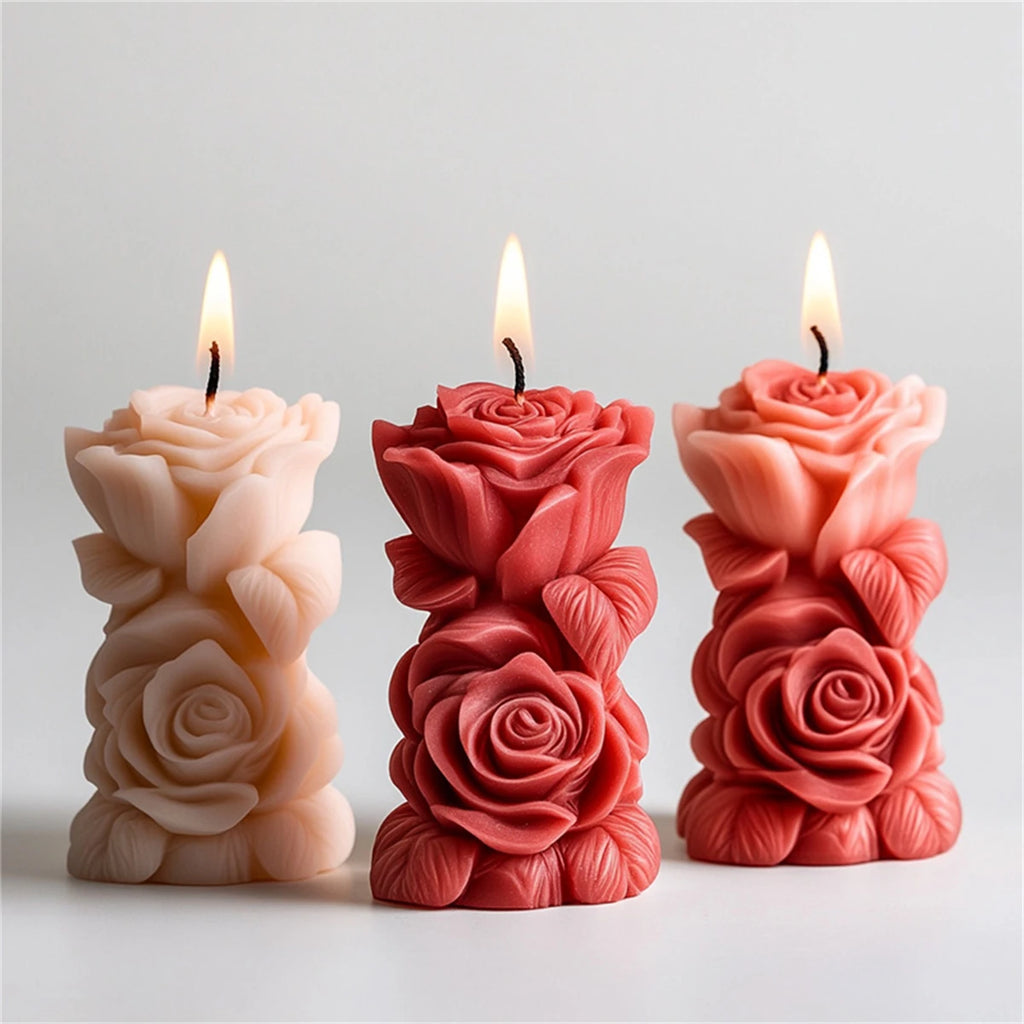 Moule en silicone pour bougie pilier rose 3D, colonne de fleurs géométriques, moule à plâtre pour bougie parfumée, ornement, cadeau fait à la main, décoration de mariage