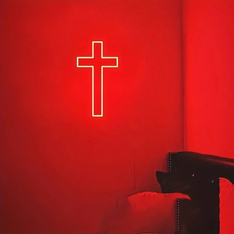 Gothic Style Dark Cross Room Wall Decorative Light Halloween Christmas LED Neon Light Bedroom Decor Religious Room Easter Decor