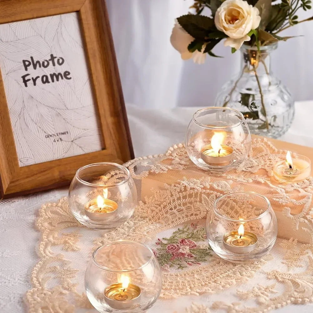 6Pcs Round Votive Candle Holders Glass Tealight Candle Holder Cup with LED Candles for Valentine's Day, Birthday Wedding Decor