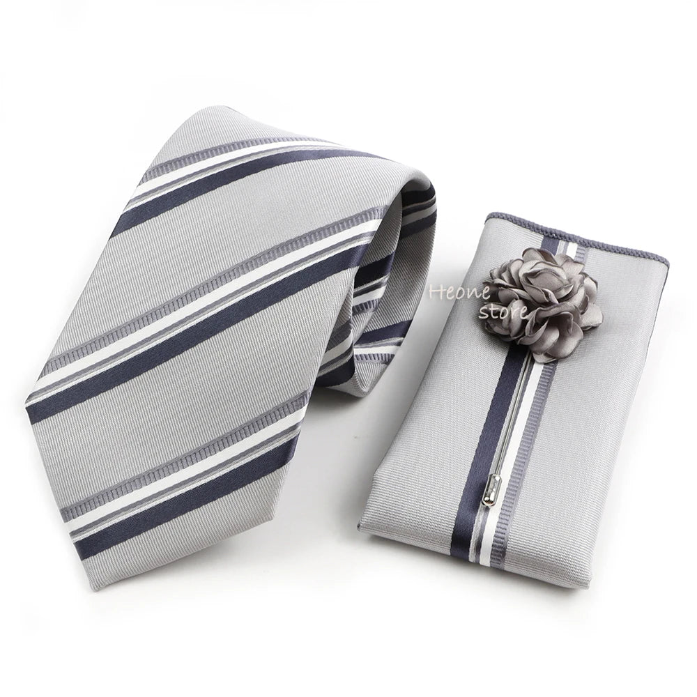 Men's Striped Necktie, Pocket Square & Brooch Set | Groom & Groomsmen Wedding Accessory