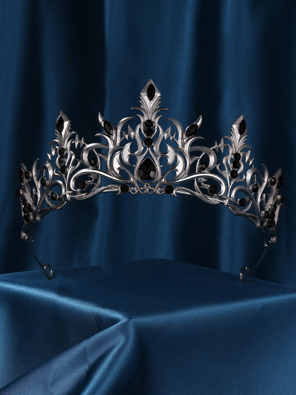 Gothic Black Metal Blue Crystal Tiara Crown Rhinestone Headpiece for Bride Women Girls Wedding Birthday Party Prom Stage Show Pa