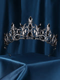 Gothic Black Metal Blue Crystal Tiara Crown Rhinestone Headpiece for Bride Women Girls Wedding Birthday Party Prom Stage Show Pa