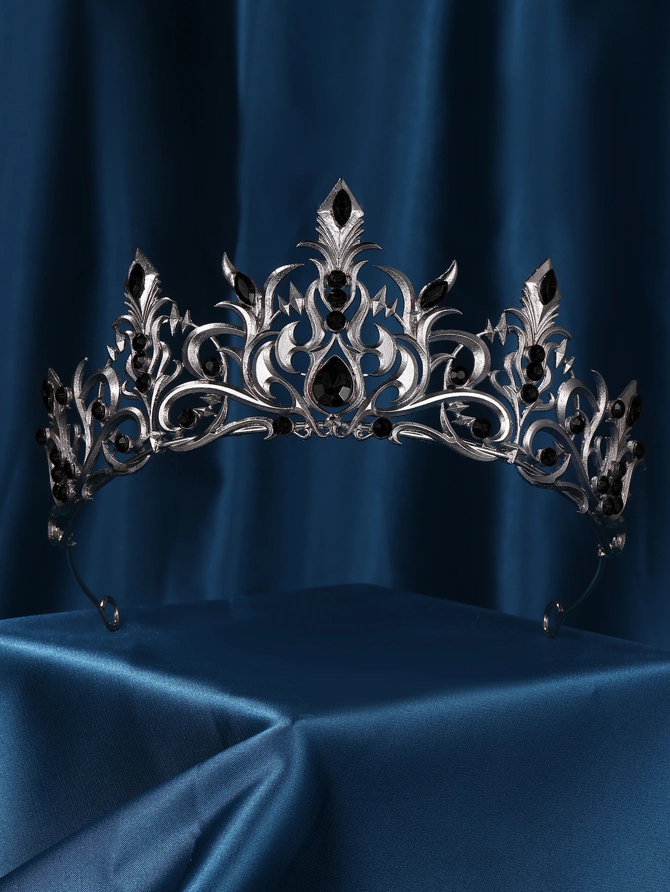 Gothique Noir Métal Bleu Cristal Tiara Couronne Strass Coiffe pour Mariée Femmes Filles Mariage Anniversaire Fête Bal Spectacle Scénique Pa