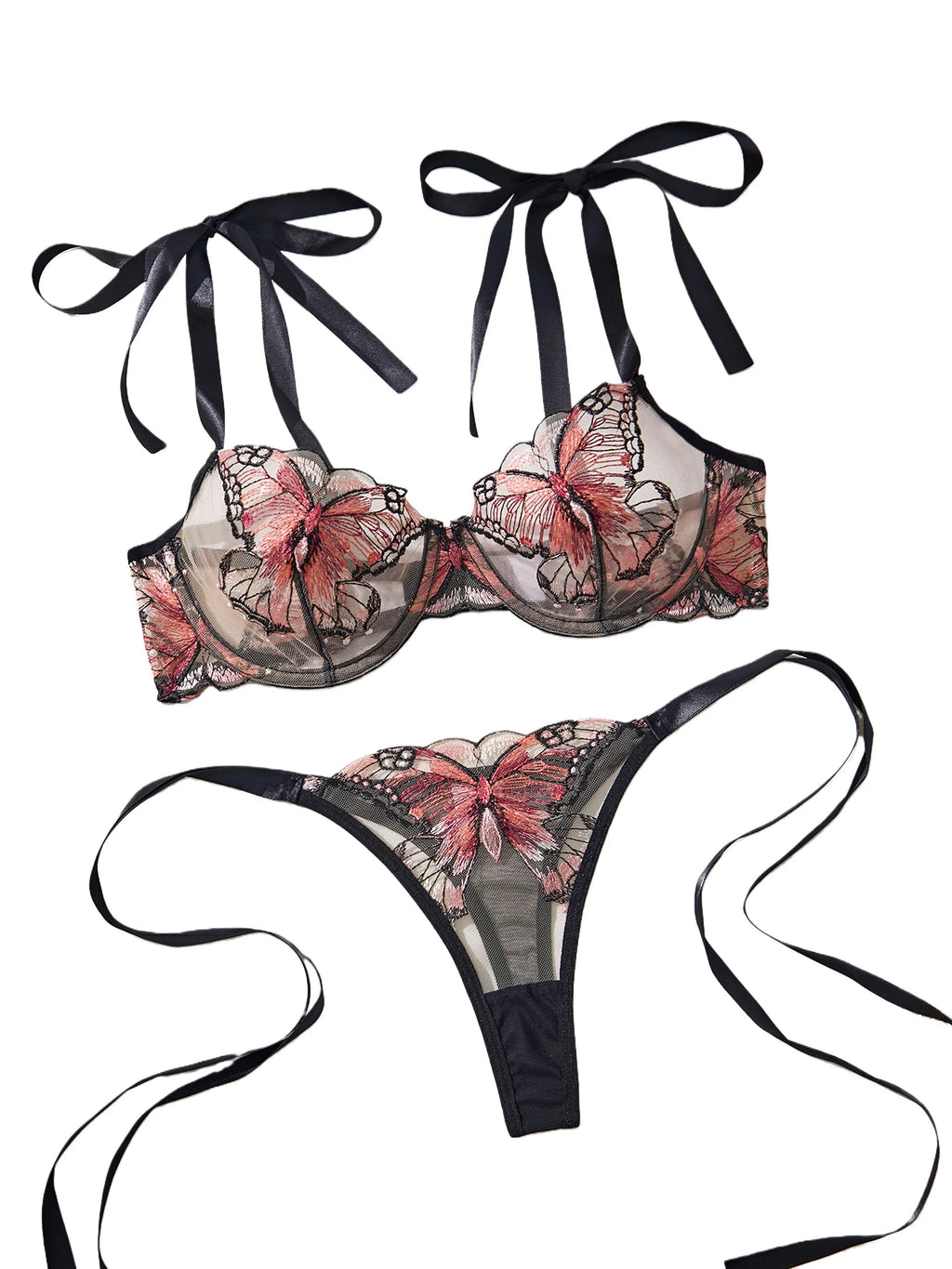 Ensemble de lingerie 2 pièces pour femme - Élégant nœud papillon - Soutien-gorge et culotte sexy transparents - Motif papillon - Mignon - Sous-vêtements intimes