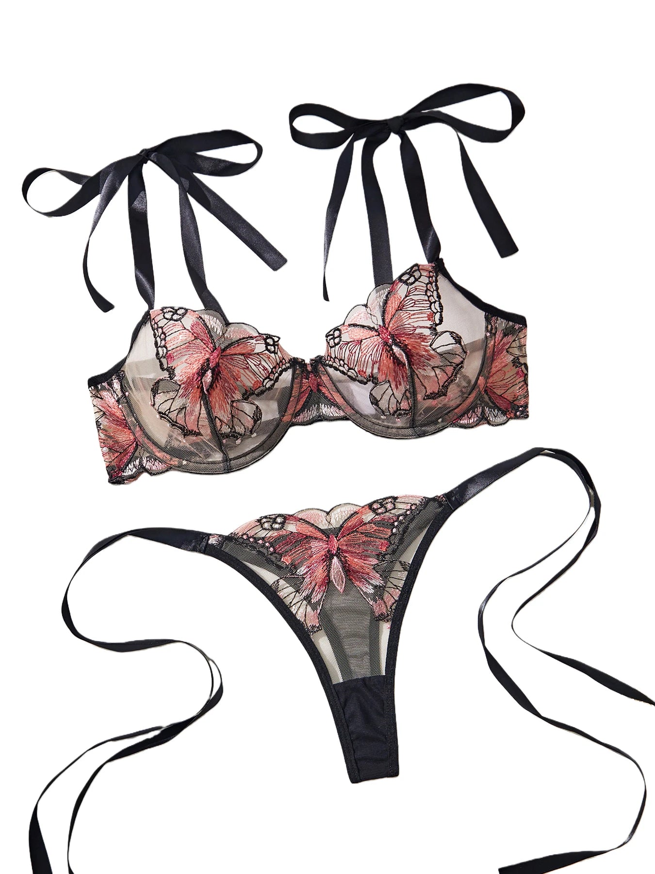 Ensemble de lingerie 2 pièces pour femme - Élégant nœud papillon - Soutien-gorge et culotte sexy transparents - Motif papillon - Mignon - Sous-vêtements intimes