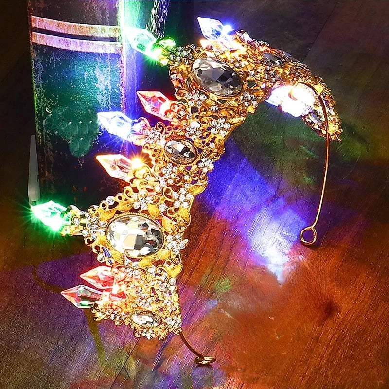 Accessoires de Cheveux de Mariée Lumineux Alliage Cristal Fête LED Lumineux Couronne Strass Diadème Fleur Reine Mariage Festival
