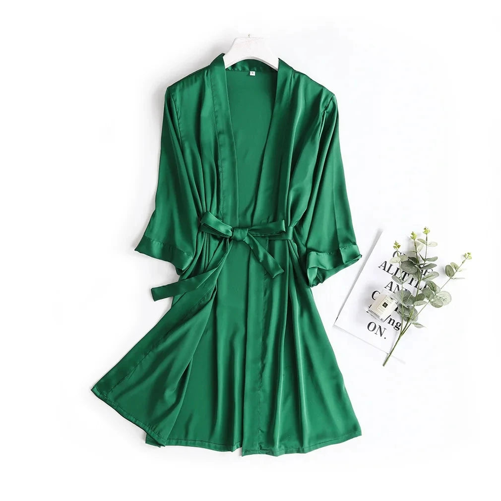 Peignoir de mariée blanc pour femme, robe de chambre matinale, manches 3/4, chemise de nuit ample, peignoir kimono en satin de soie, lingerie