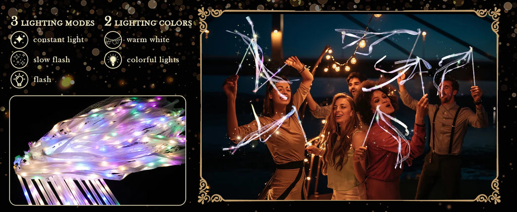 20-60Pcs Light up Wedding Wands LED Ribbon Wands Sparklers with Bells, Wedding Exit Send Off, Dance Floor Props, Wedding Favors
