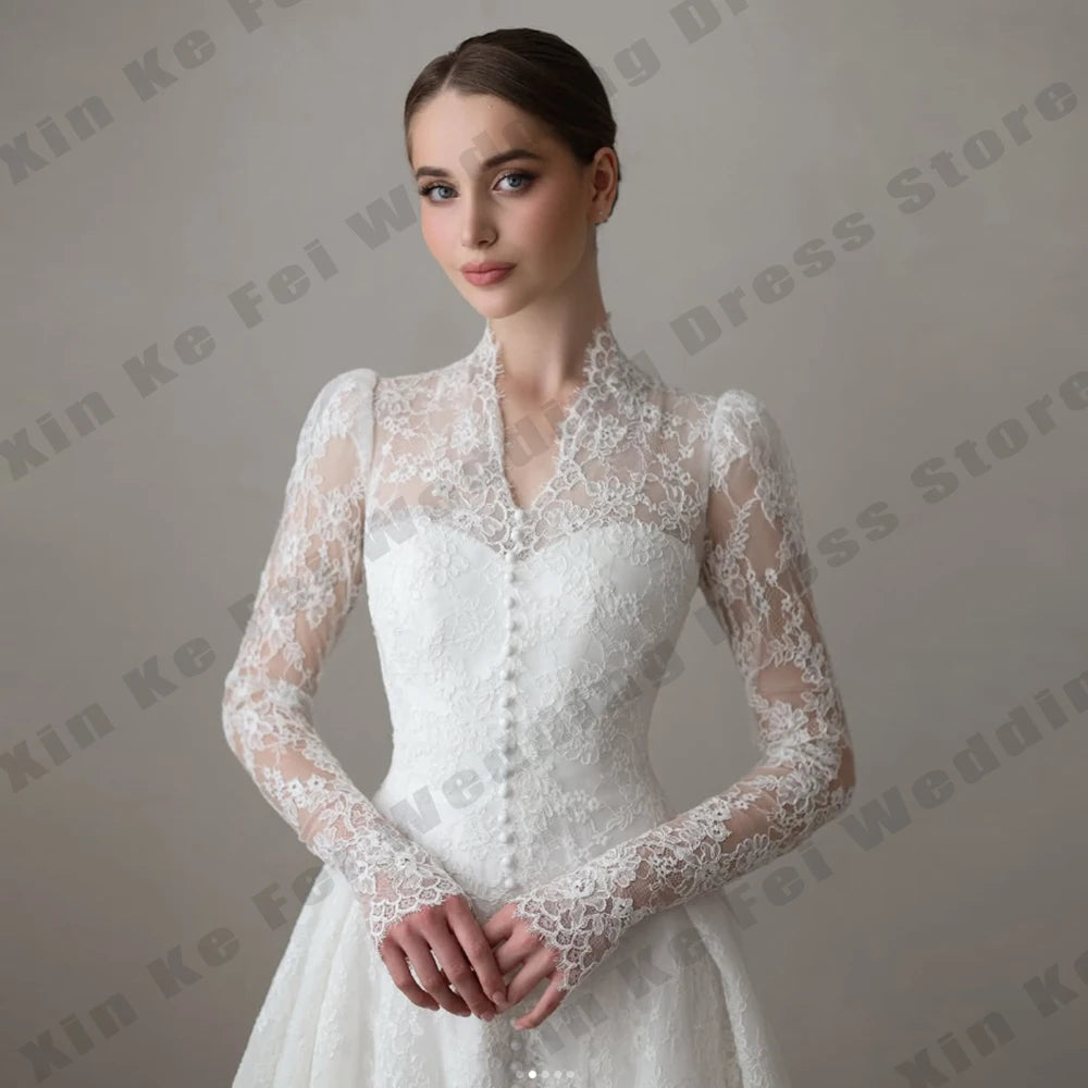 Muslim Women's Bridal Gowns Elegant High Collar Long Sleeve Princess Wedding Dresses Formal Party Bride Dress Customized Robe De