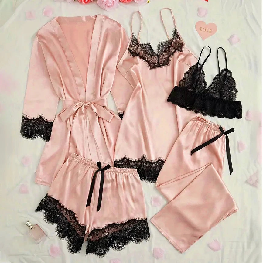 Ensemble de pyjama en satin pour femme, rose, lingerie sexy, robe de chambre, patchwork en dentelle, nuisette en soie, pantalon, vêtements de nuit pour la maison