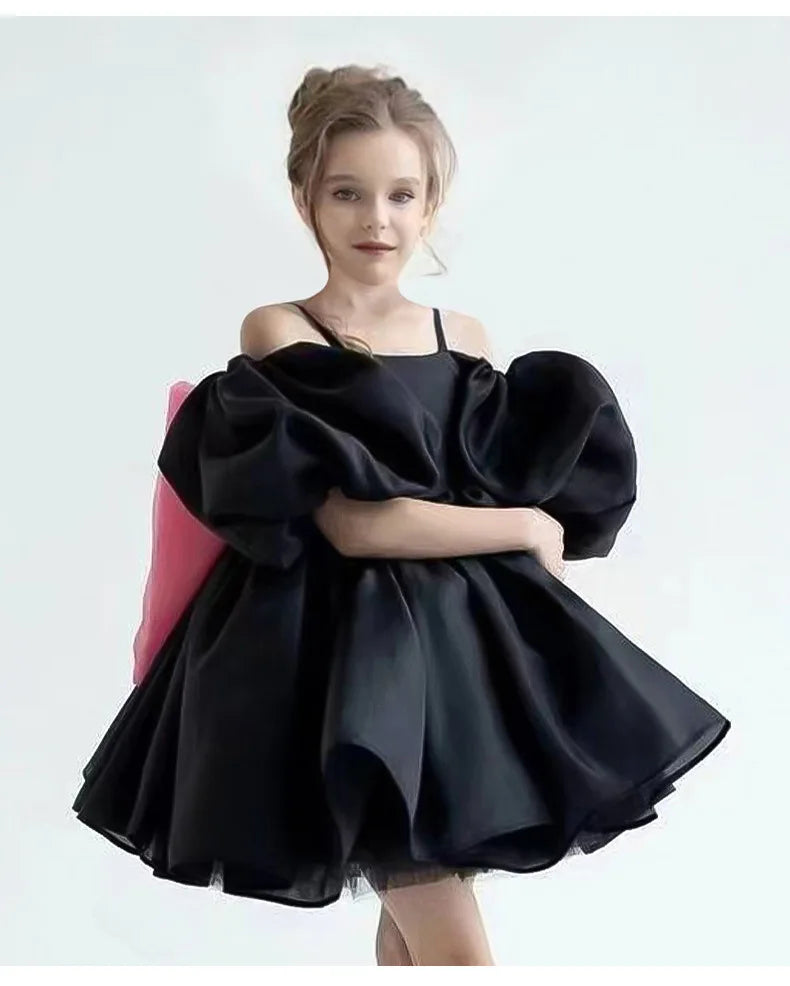 Robe gothique noire pour bébé fille de 4 à 8 ans, pour occasions formelles, manches bouffantes, robe de princesse pour fête d'anniversaire d'enfants avec nœud rose élégant
