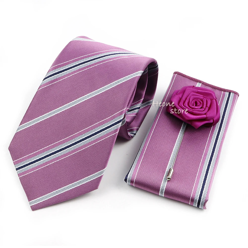 Men's Striped Necktie, Pocket Square & Brooch Set | Groom & Groomsmen Wedding Accessory