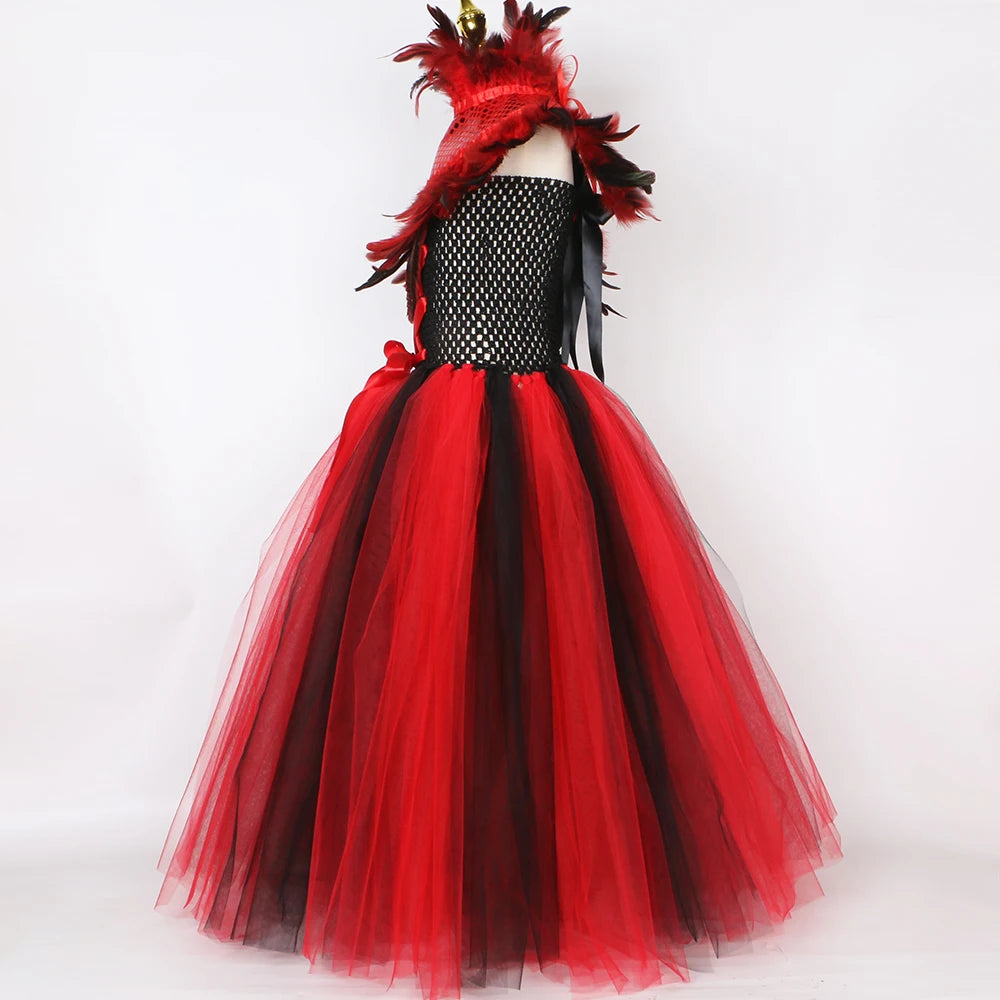 Robe Tutu en Tulle Reine Maléfique Sorcière Vampire Démon Gothique pour Filles, Robe Longue de Fête de Carnaval d'Halloween pour Enfants, Tenues de Déguisement