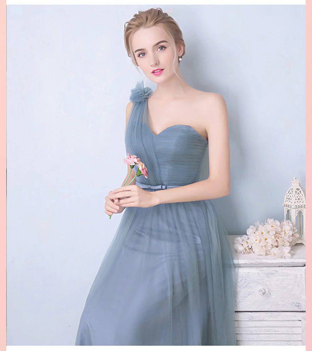 Élégante Robe de Demoiselle d'honneur Gris Bleu Simple 4 styles sans Manches Femme Classique Tulle Ceinture Satin Lacets Nœud Robe de Bal Ligne A