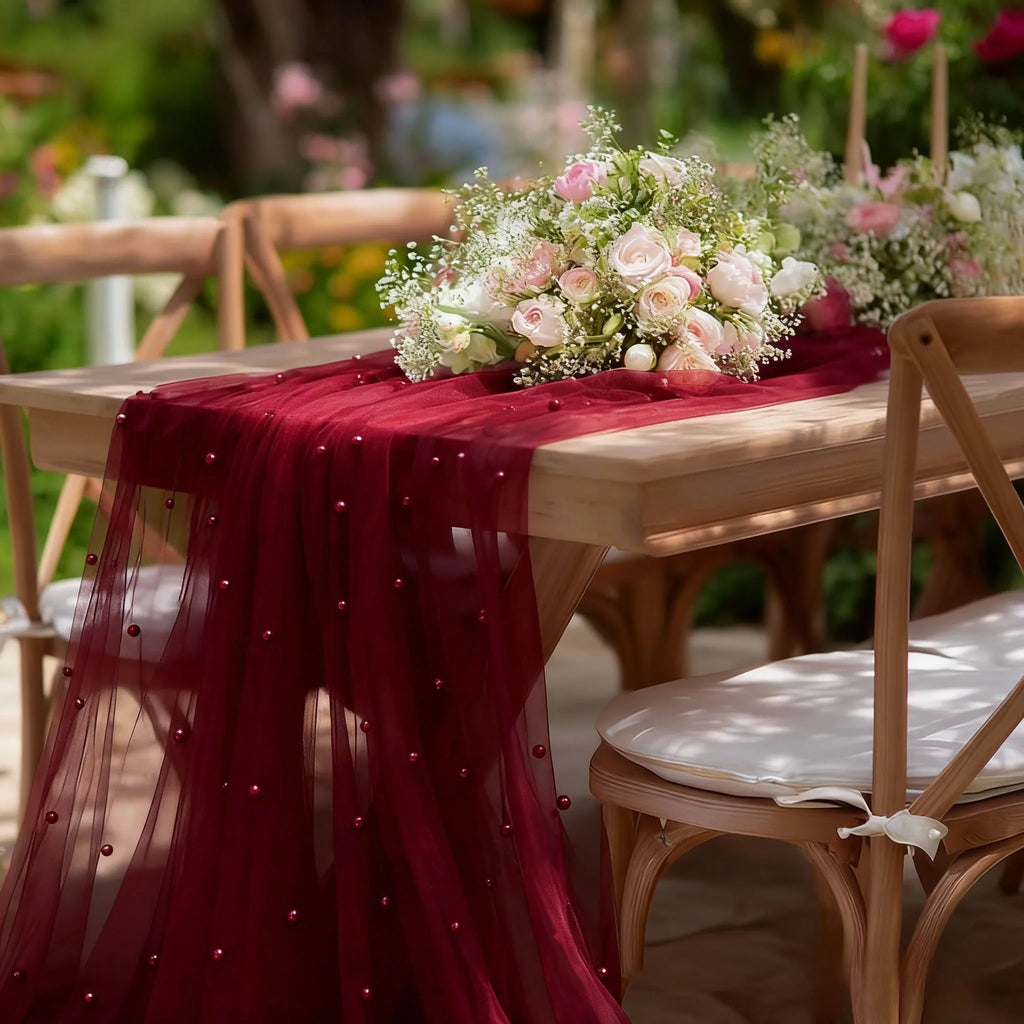 Lot de 2 chemins de table en tulle bordeaux avec perles, élégants, idéaux pour les mariages, les fêtes de Noël et autres événements.